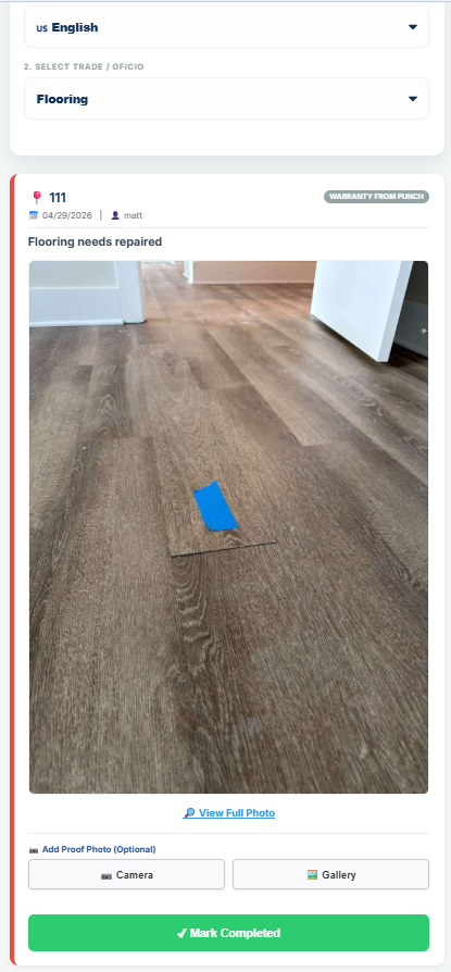 A sub's view of a single punch item from a QR scan